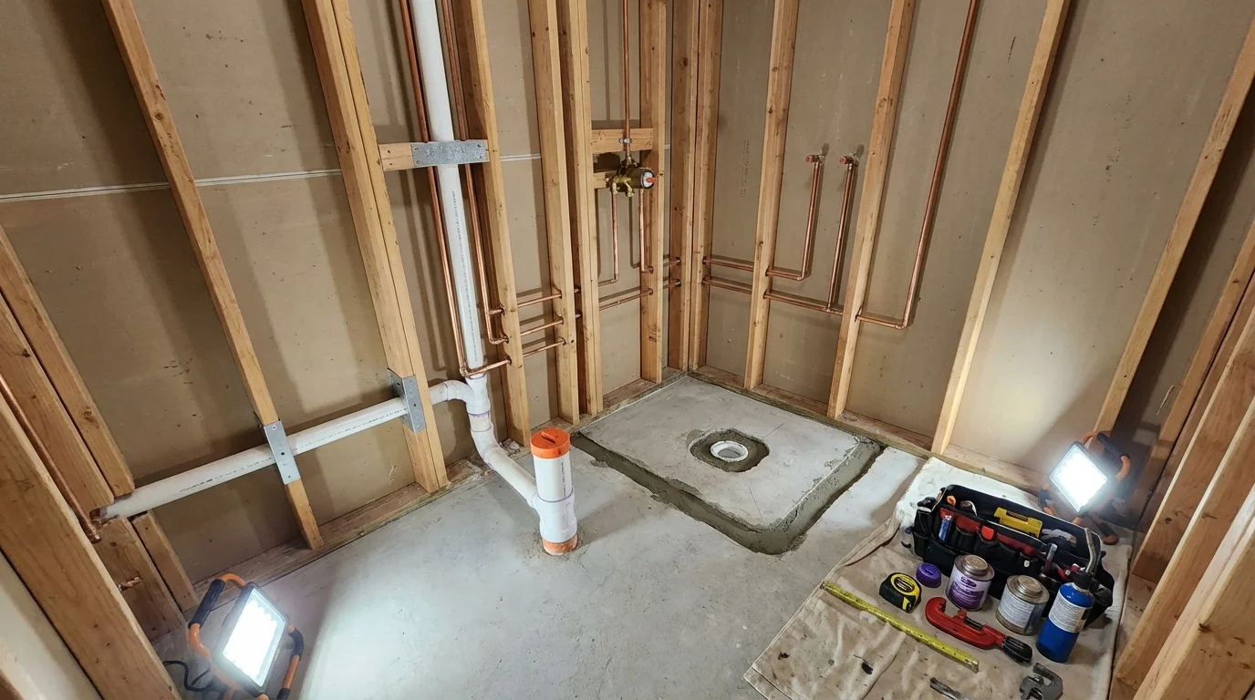 Bathroom rough-in plumbing during remodel by Johns Plumbing LLC in Okanogan