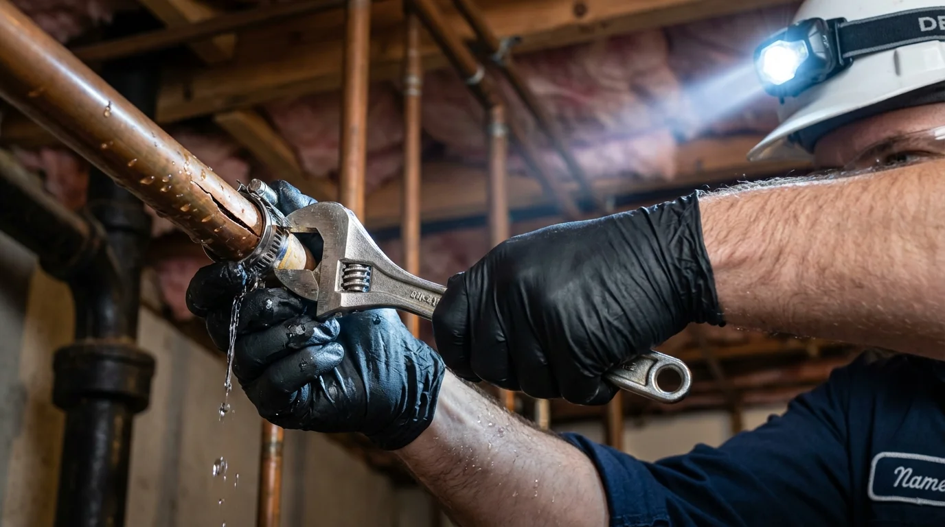 Emergency pipe clamp repair being performed by a Johns Plumbing LLC plumber in Okanogan
