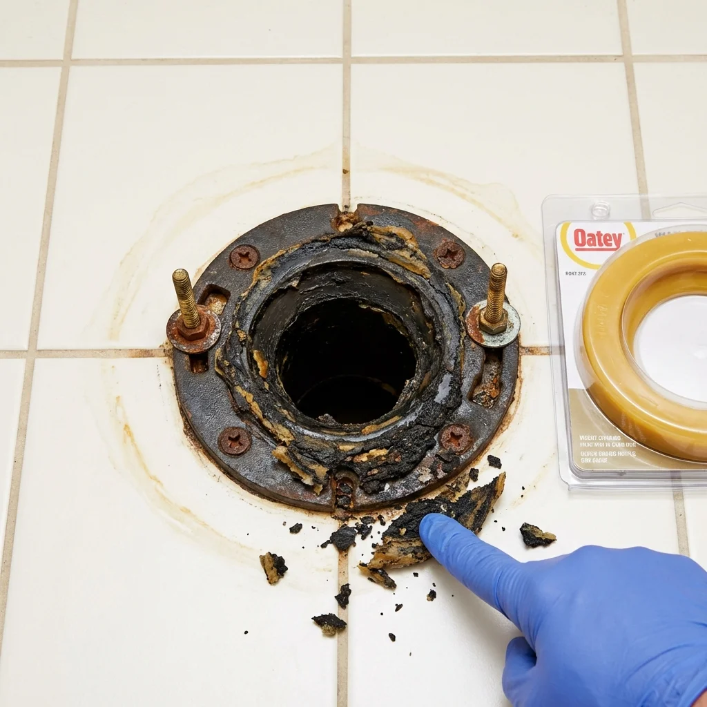 Failed wax ring showing water seepage at the base of a toilet in a Okanogan, WA home
