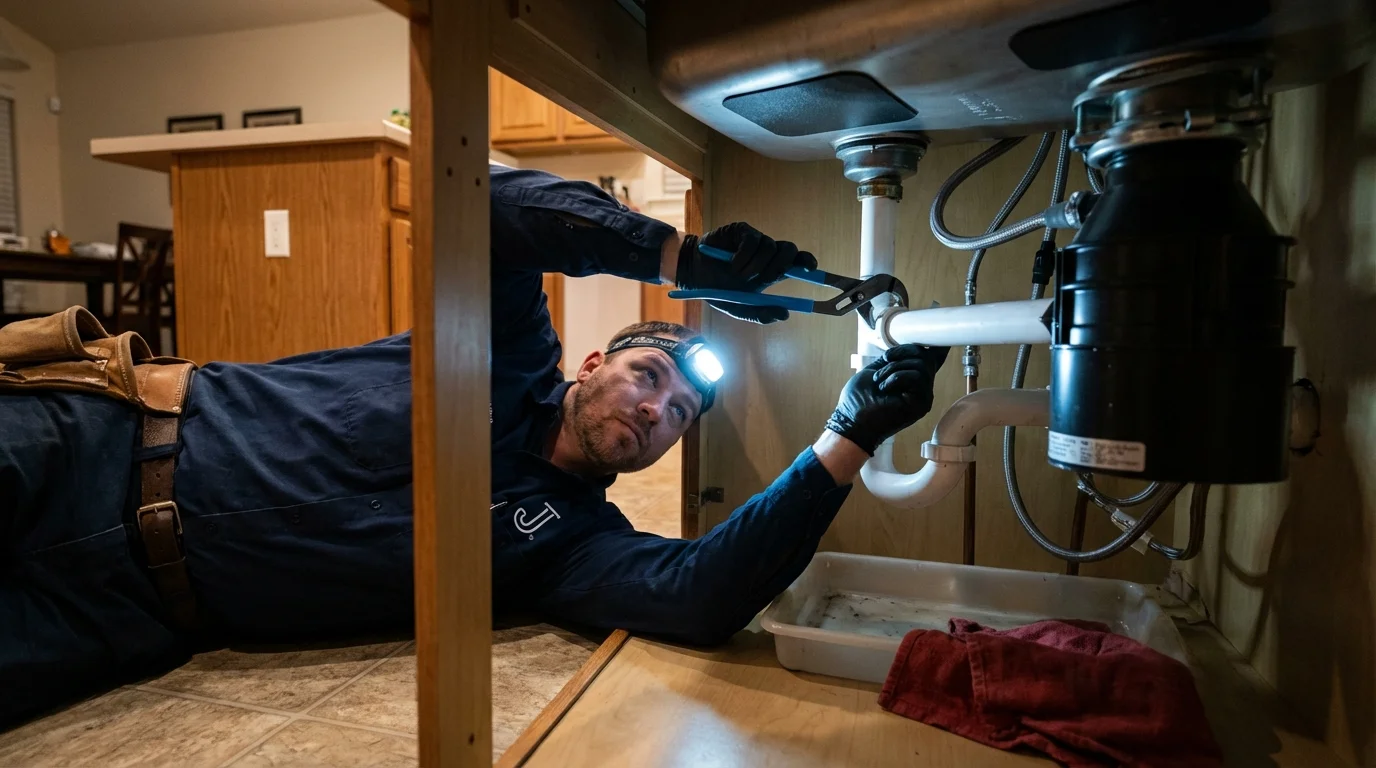 P-trap and supply line connections under a kitchen sink showing a common leak point in Okanogan, WA